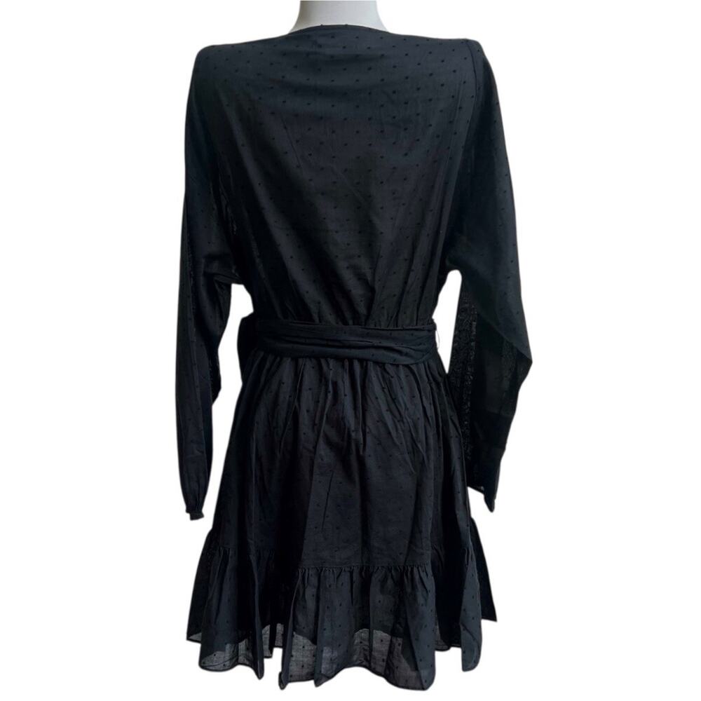 Outerknown NWT Sz S Lulu Black Long Slv Organic Cotton Dress Tie Waist Swiss Dot - Picture 3 of 9